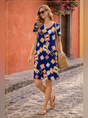 Blue Geometric Print Dress 🌴 Vacation Resort  Colorful Summer Shift Dress Travel